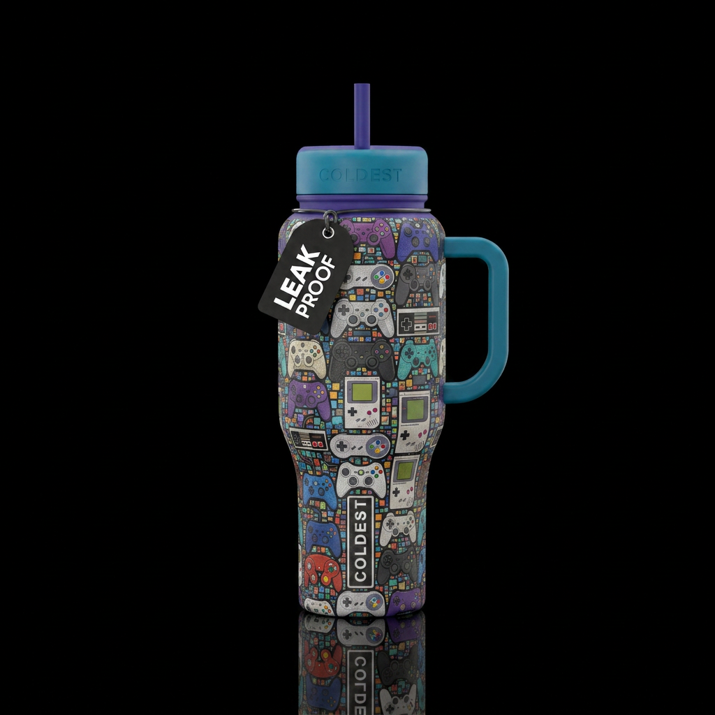 Mosaic of video game controllers water bottle design