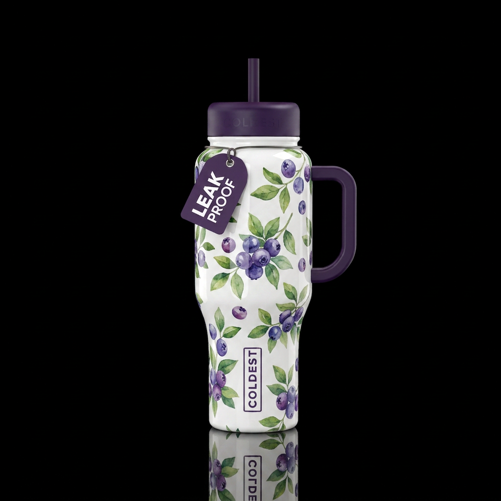 Water colored huckleberry bushes on glossy white b... water bottle design