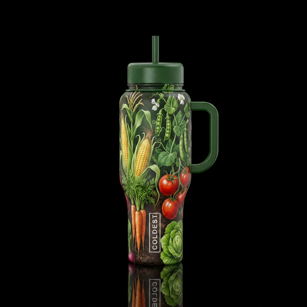 Garden time! Corn stalks, carrots, tomatoes, pea v... water bottle design