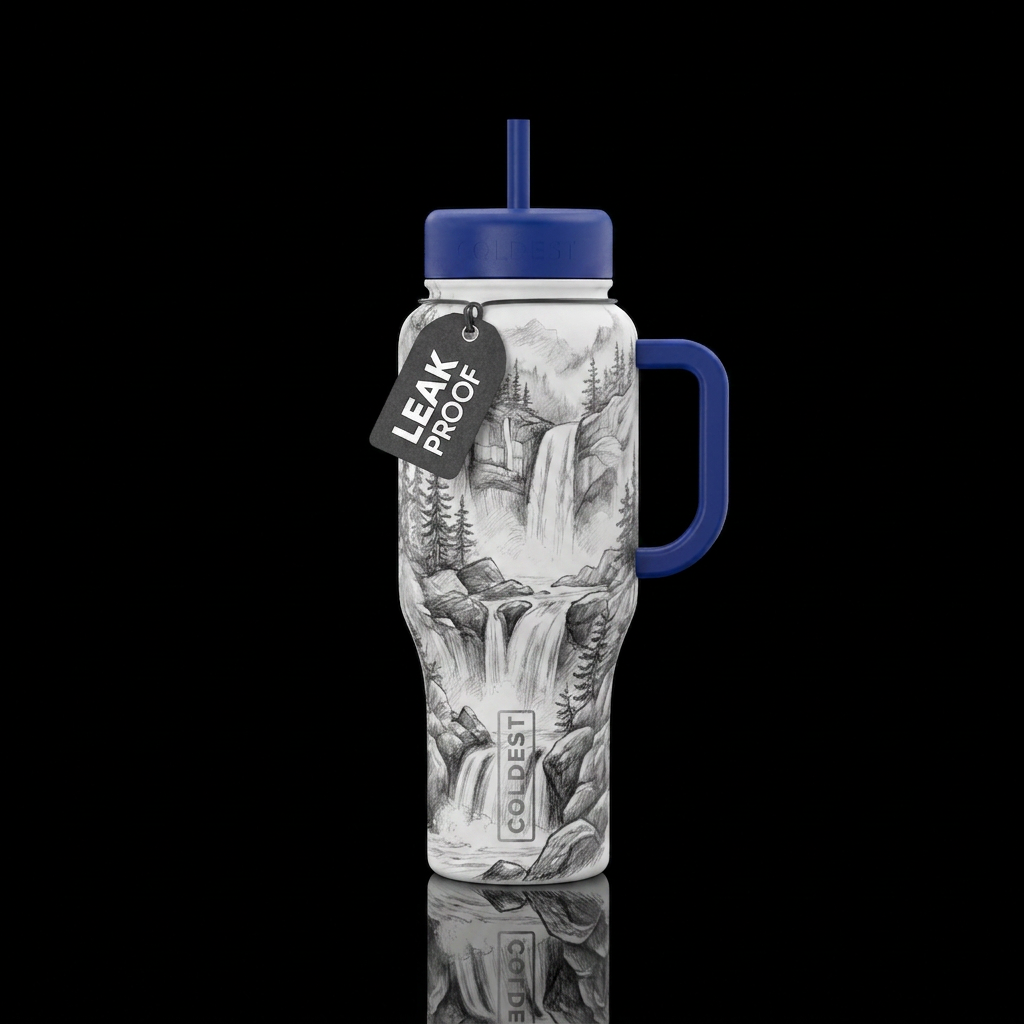 Artist pencil sketched waterfalls in black and whi... water bottle design