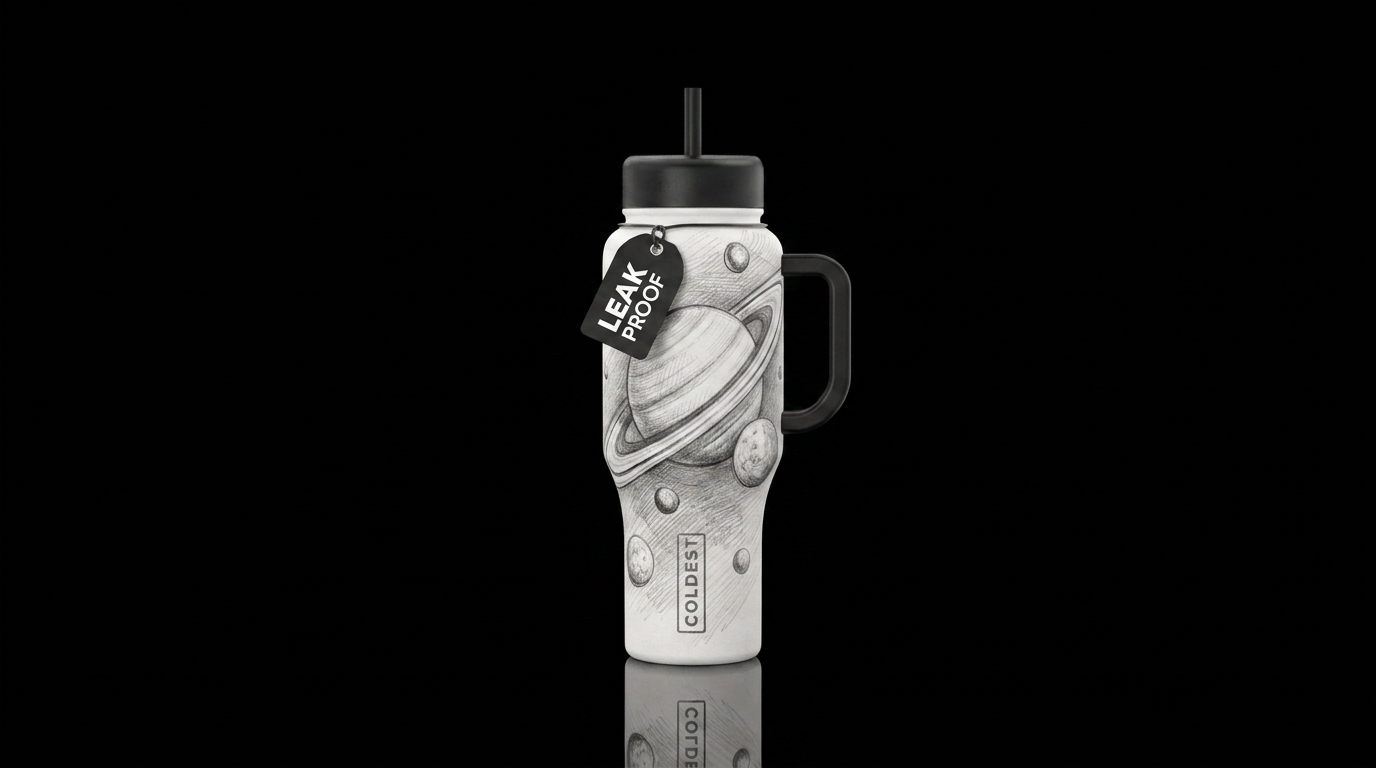 Artist pencil sketch of Saturn and it's moons, bla... water bottle design