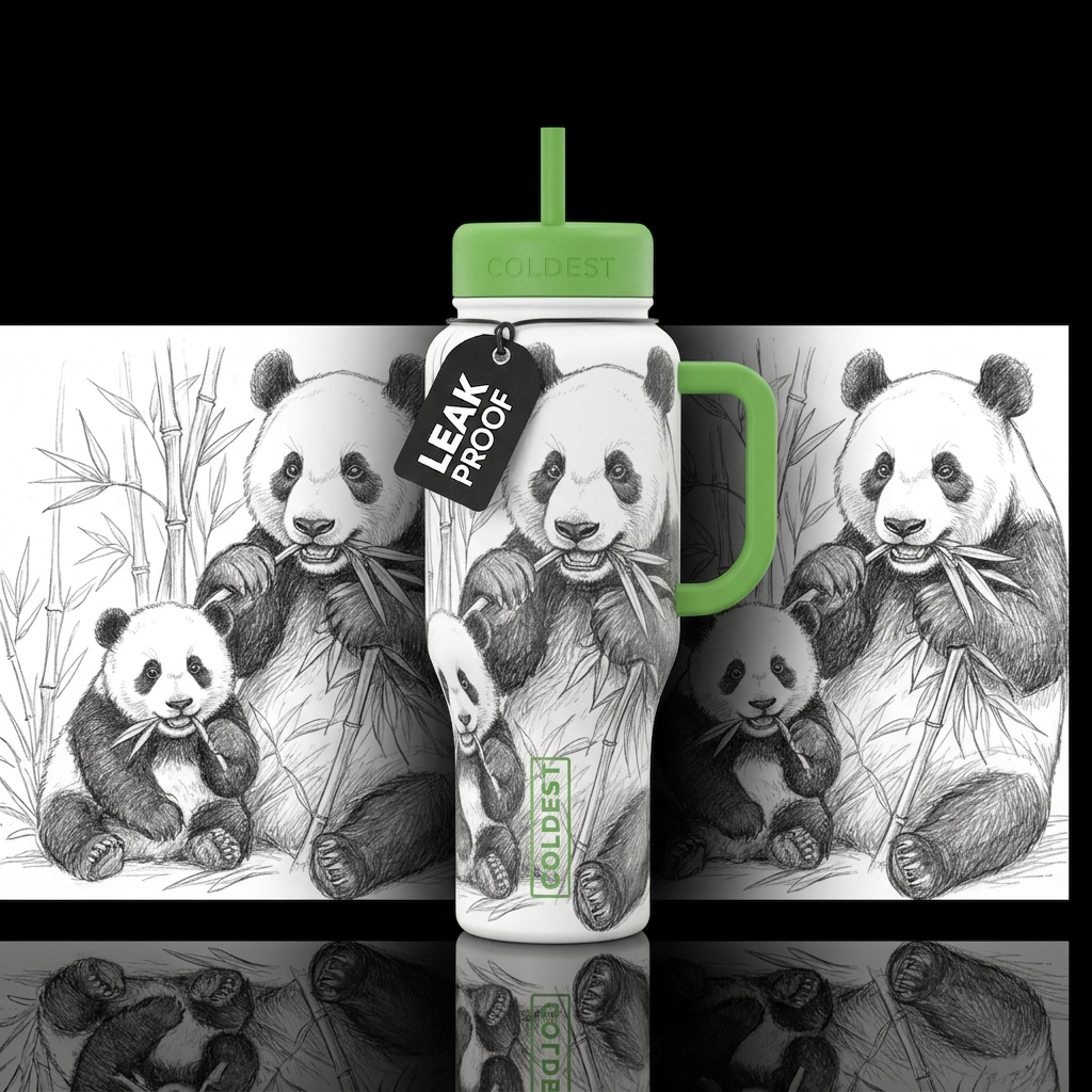 Artist pencil sketch of panda bears eating bamboo,... water bottle design