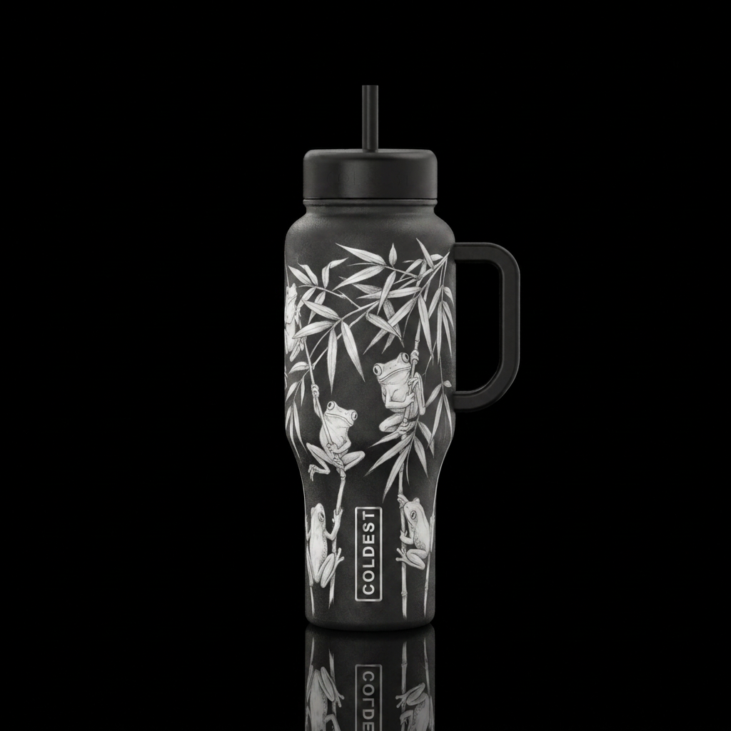 Artist pencil sketch of tree frogs hanging from ba... water bottle design