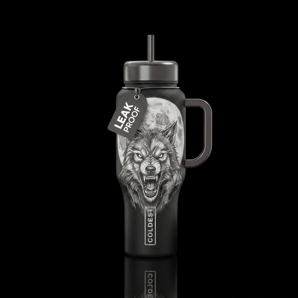Artist pencil sketch of a werewolf face snarling i... water bottle design