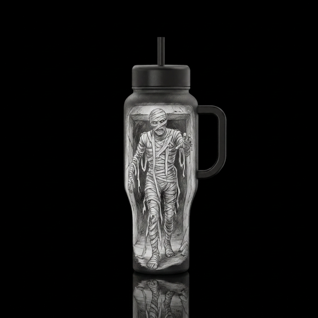 Artist pencil sketch of the mummy rambling out of ... water bottle design