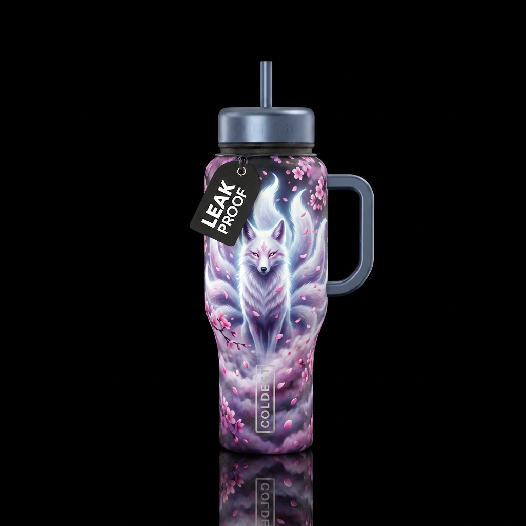 Hyper realistic seven-tailed kitsune with a glowie... water bottle design