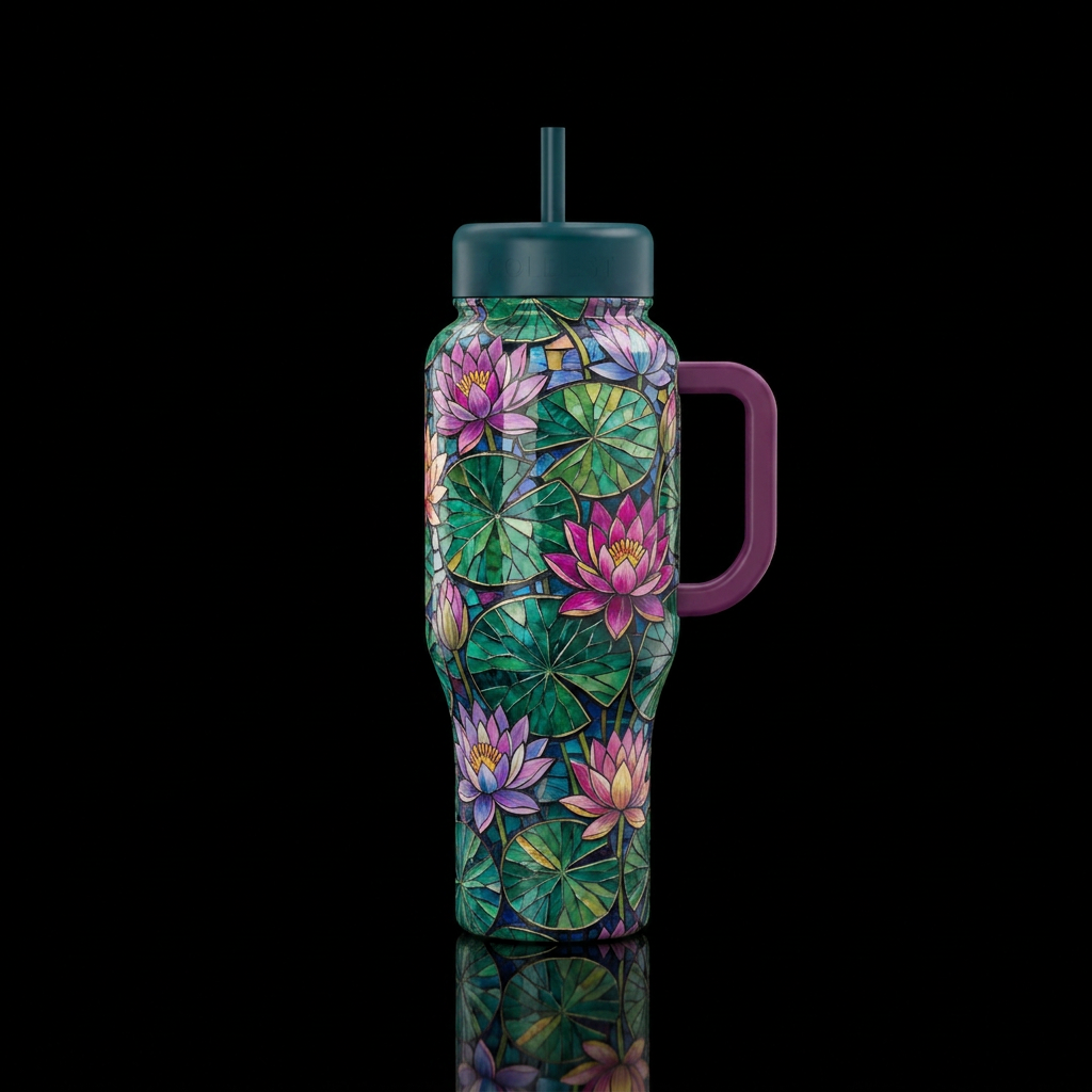 Mosaic of lily pads and lotus flowers water bottle design