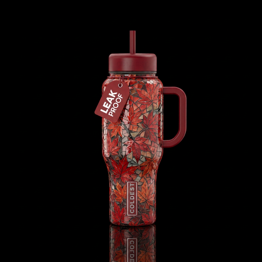 Mosaic of red leaf maple trees water bottle design