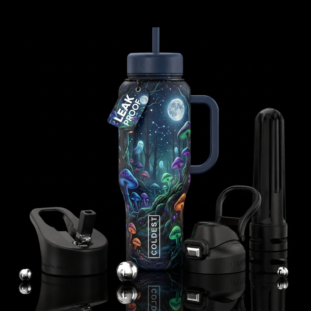 Forest, mushrooms, ghosts, dark, moody, full moon,... water bottle design