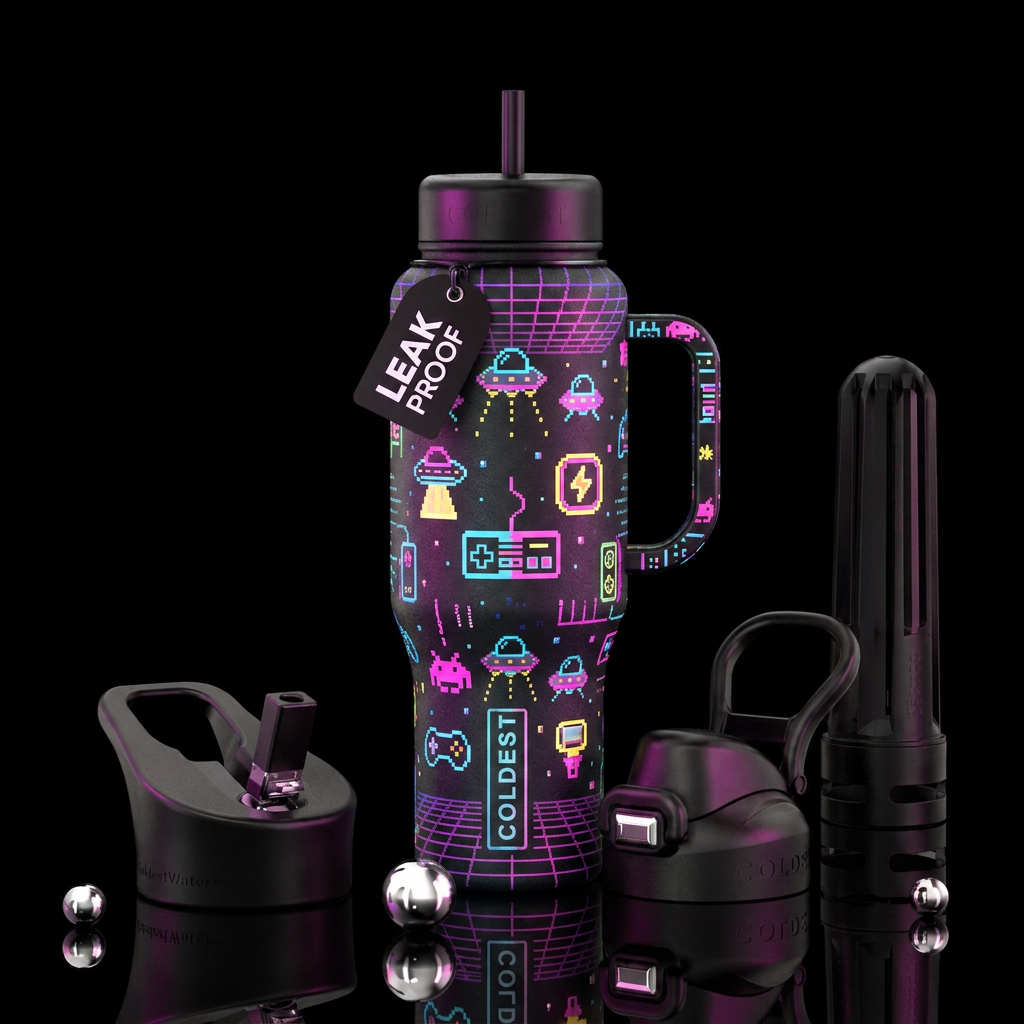 Retro, neon, arcade, pixel, 8-bit water bottle design
