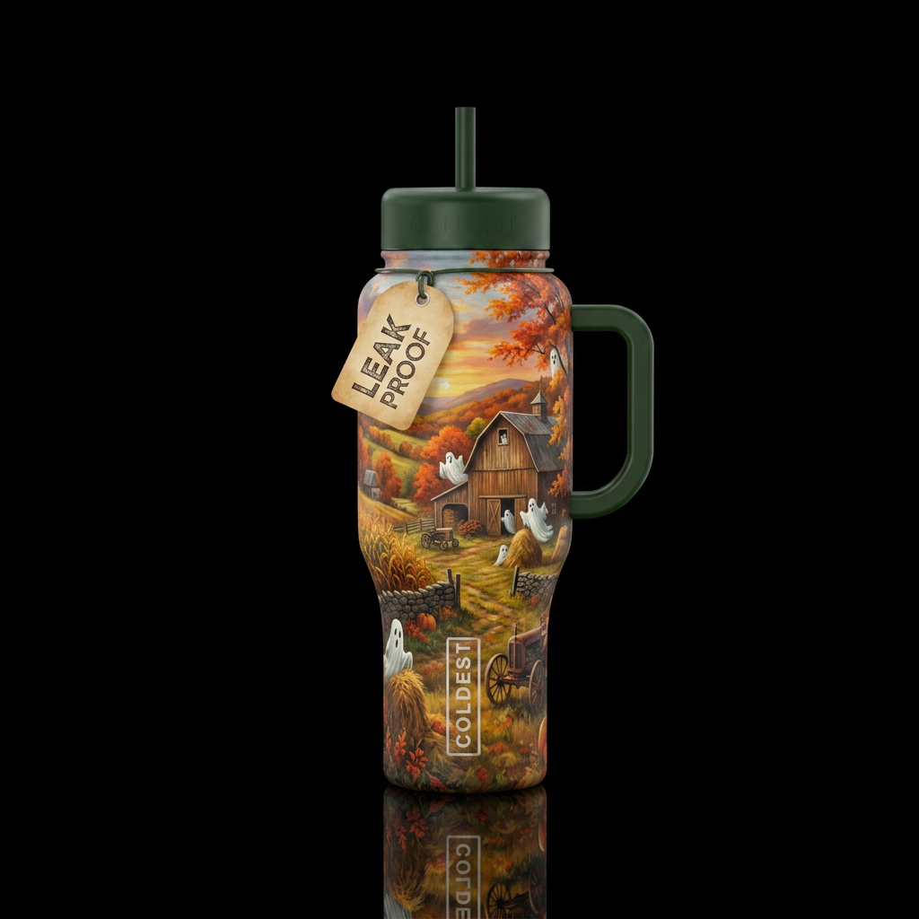 Old country style fall painting with ghosts added ... water bottle design