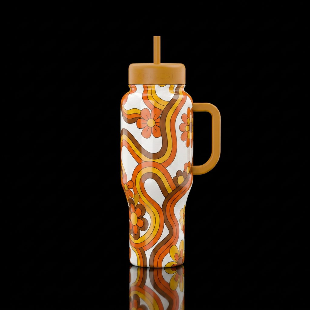 70s retro orange brown yellow wavy lines on white ... water bottle design