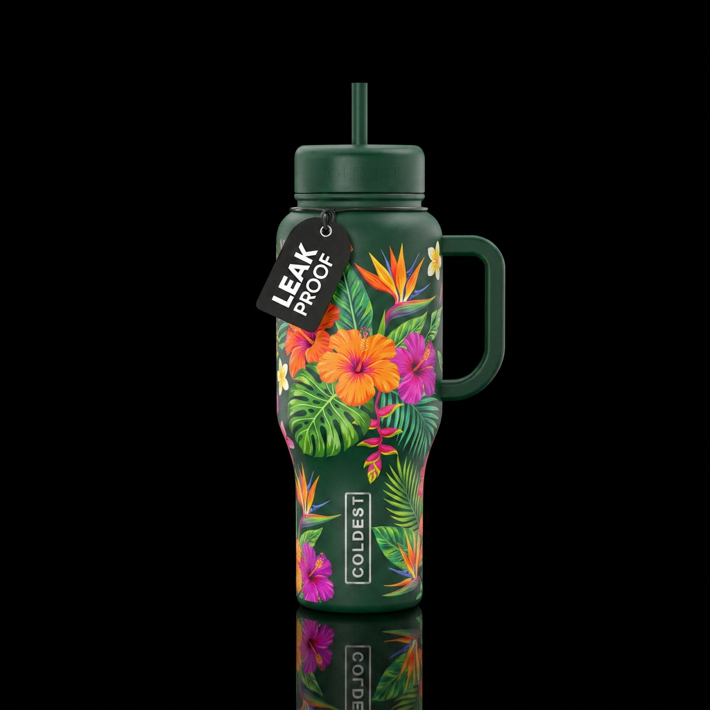 Bright Colorful tropical flowers and plants on dar... water bottle design