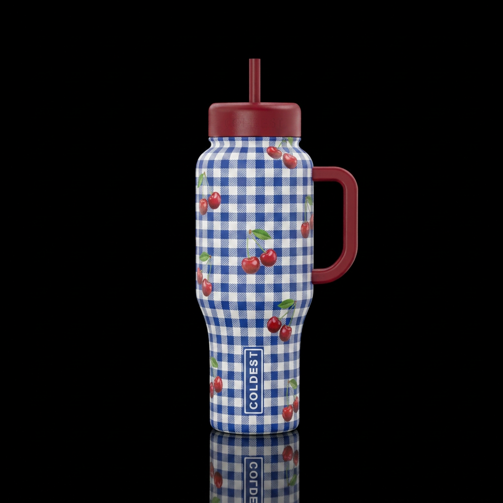 Blue and white gingham print bottle with cherries ... water bottle design