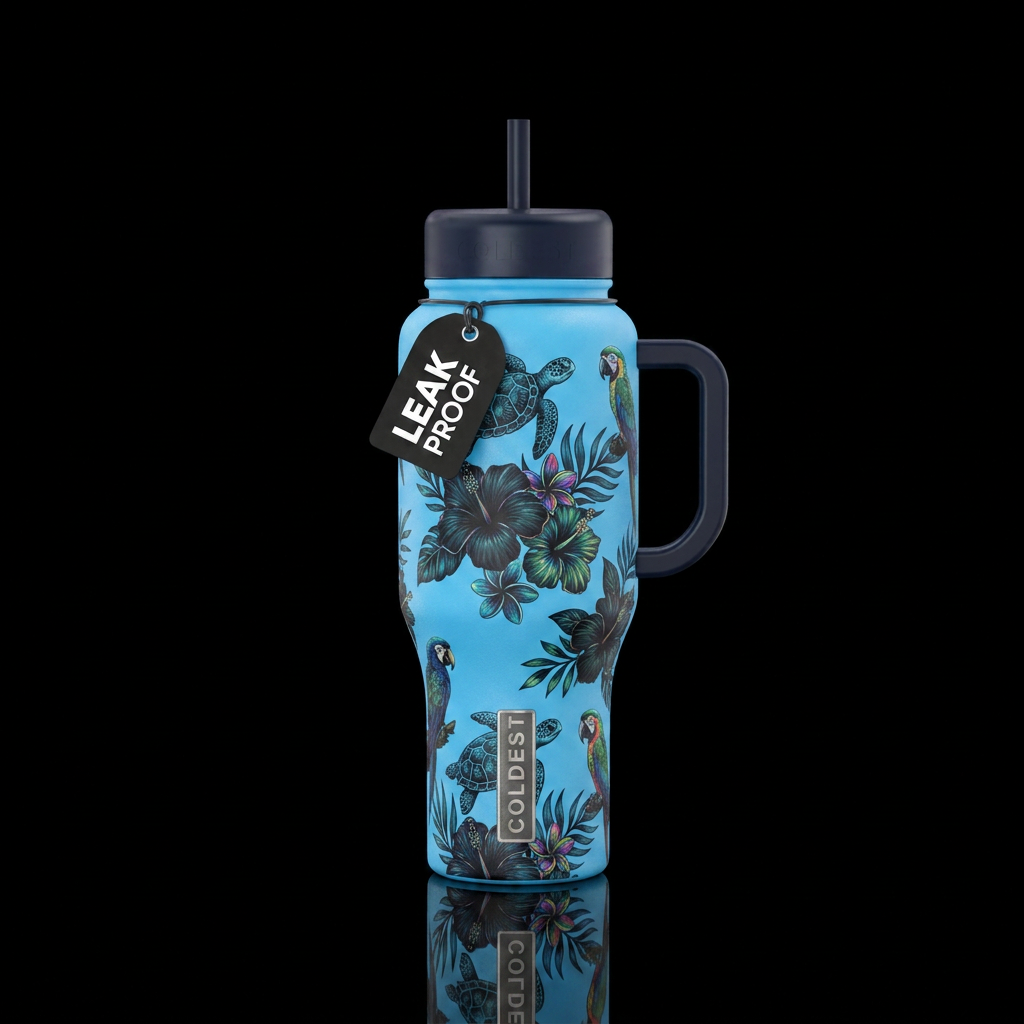 Sky blue bottle with dark tropical flowers and tur... water bottle design