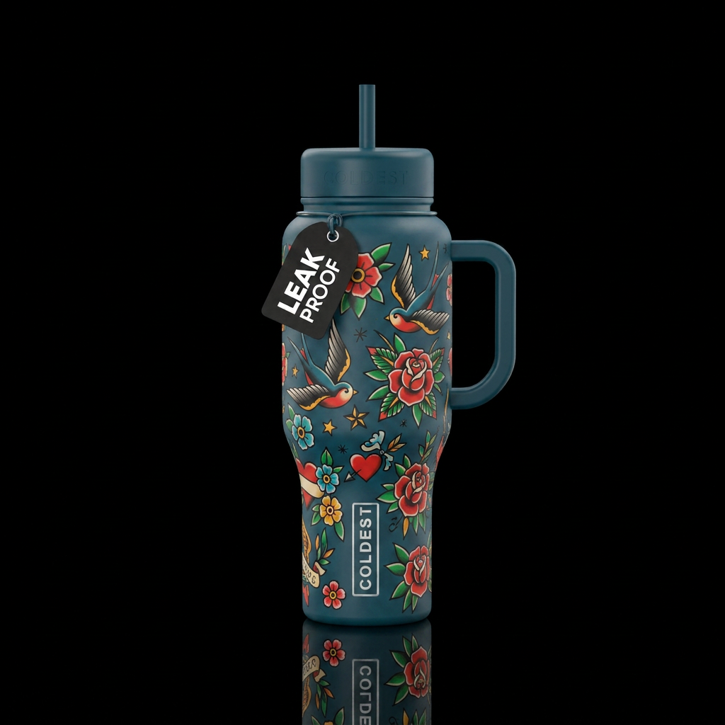 Traditional flash tattoo art with lots of florals,... water bottle design