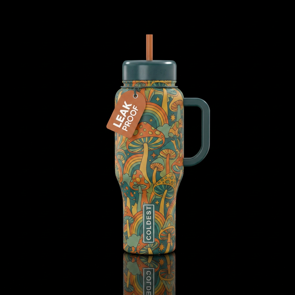 Muted jewel tones of orange, teal, yellow, green, ... water bottle design