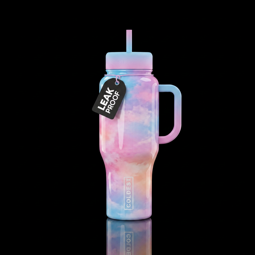 Cotton candy skies shinning through glass water bottle design