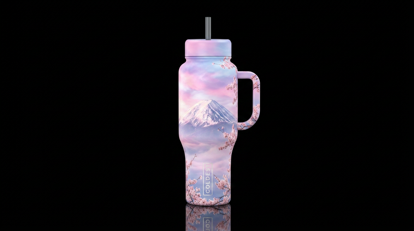 Cotton candy skies with Mount Fuji water bottle design
