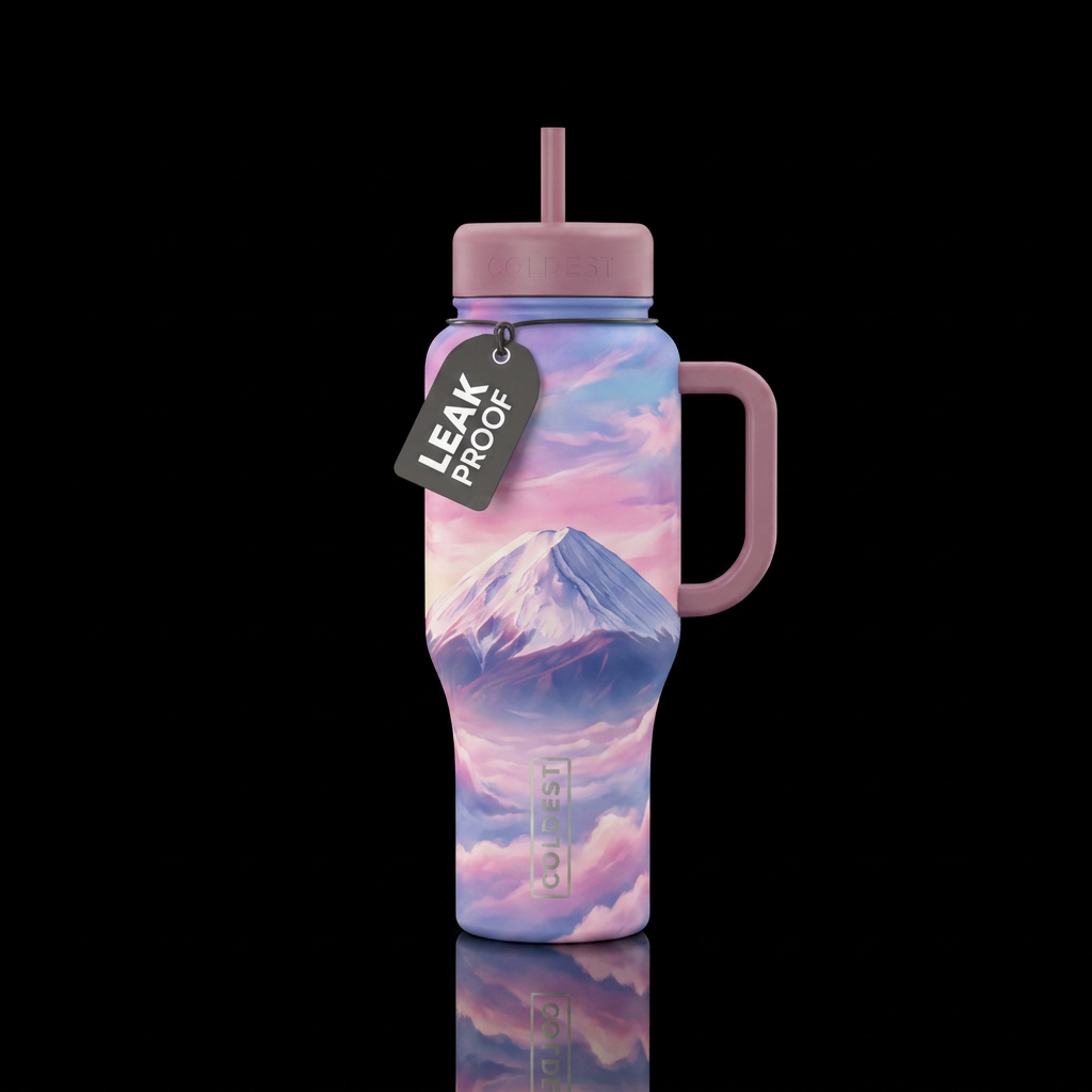 Cotton candy skies with Mount Fuji water bottle design