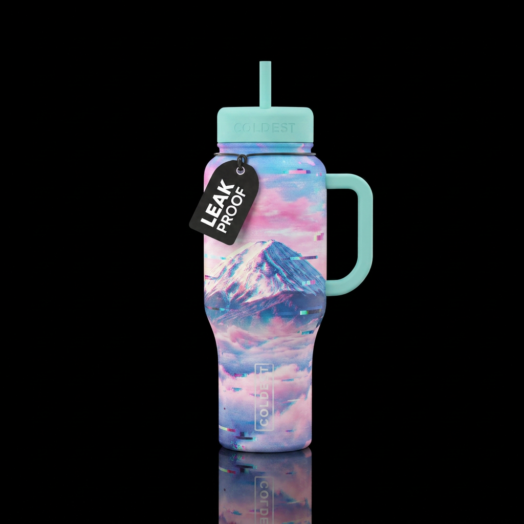 Mount Fuji with cotton candy skies and a glitching... water bottle design