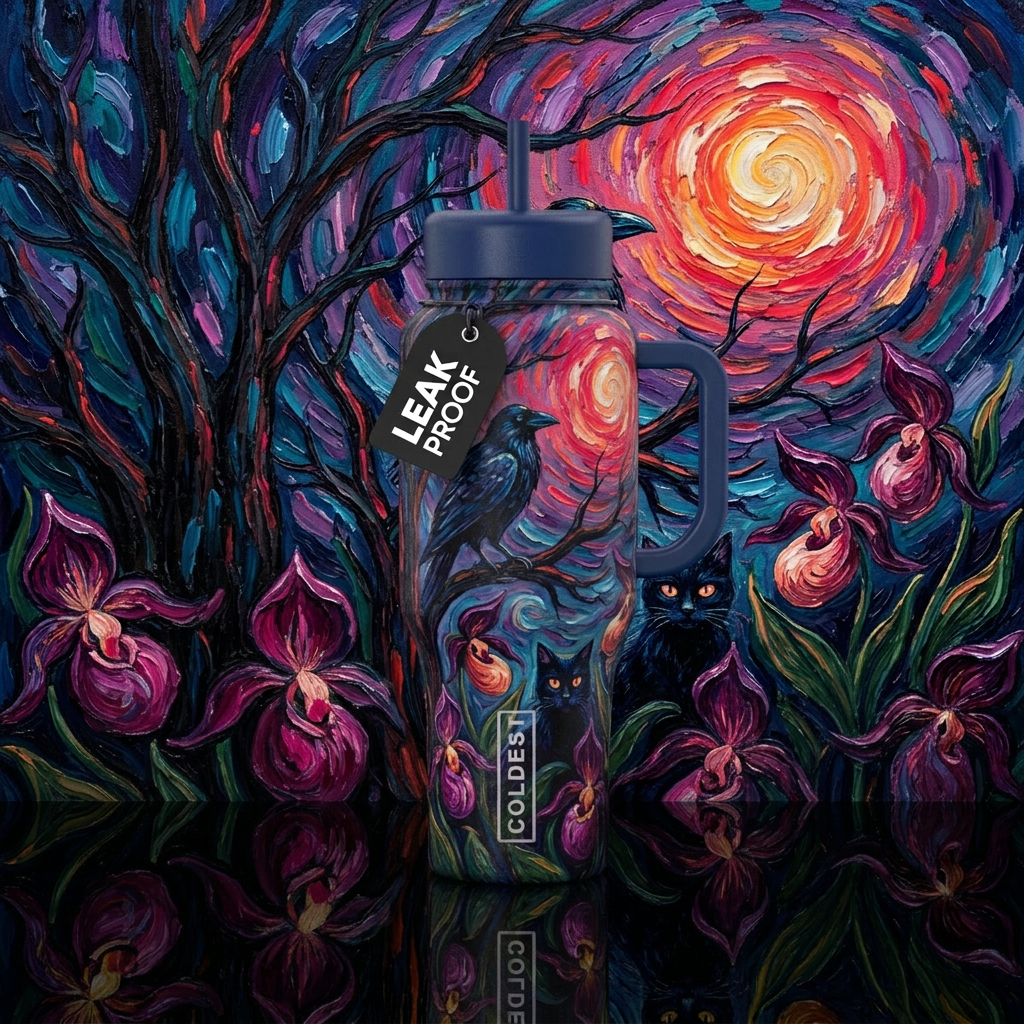 Spooky  tree 8 midnight blue fushia black sage vib... water bottle design