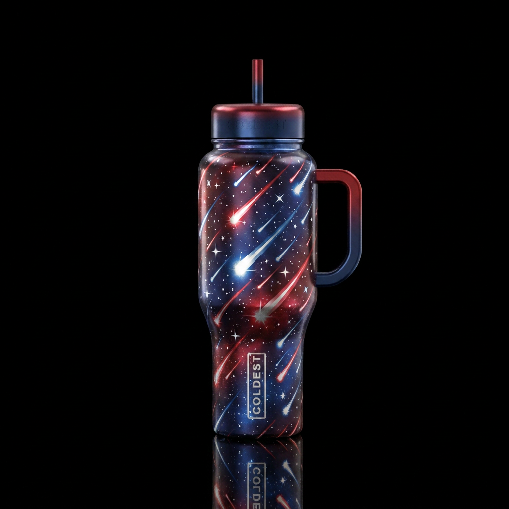 Red white and blue metallic meteor shower with sta... water bottle design