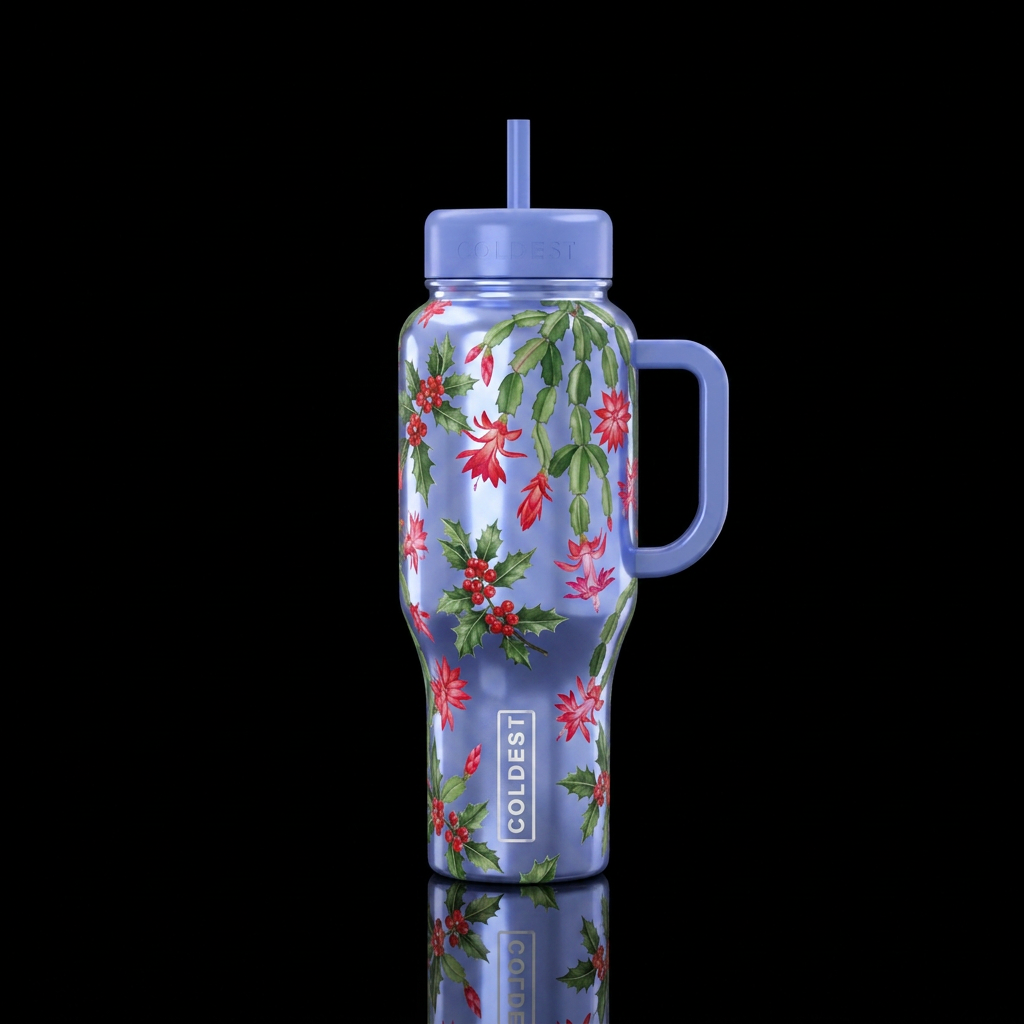 Shiny periwinkle bottle with holly leafs and berri... water bottle design