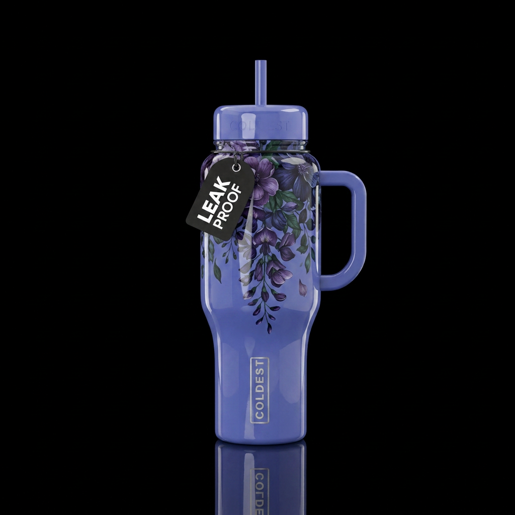 Periwinkle shiny bottle with dark flowers cascadin... water bottle design