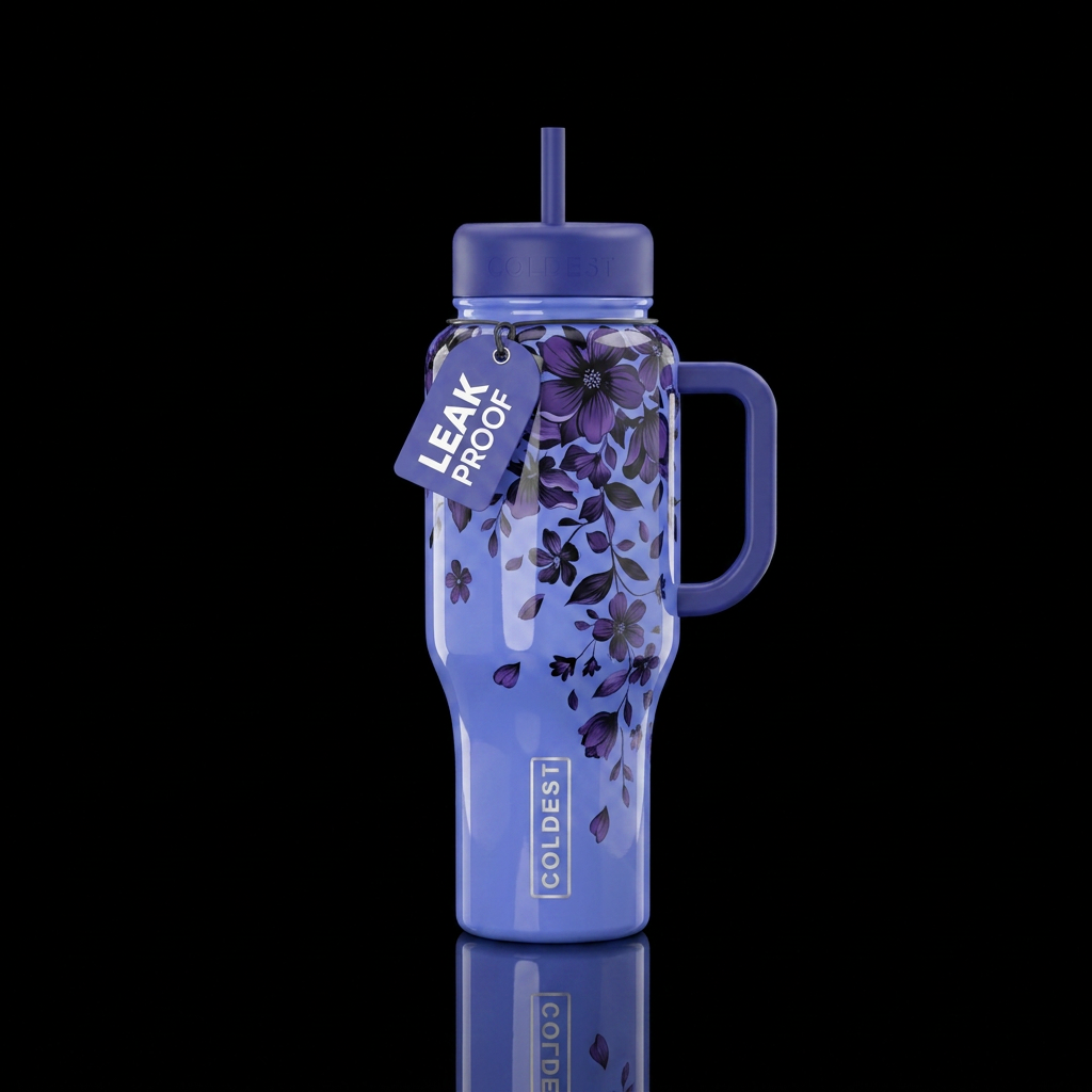 Periwinkle shiny bottle with dark flowers cascadin... water bottle design