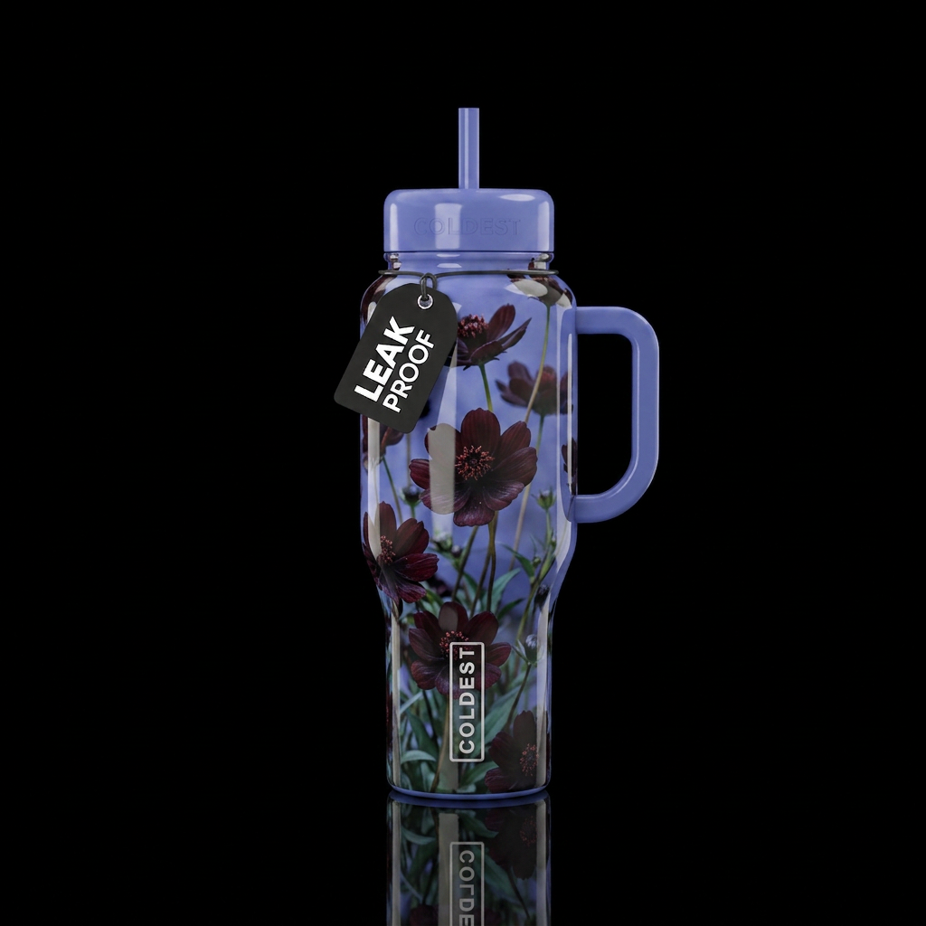 Glossy periwinkle bottle with chocolate cosmos sea... water bottle design