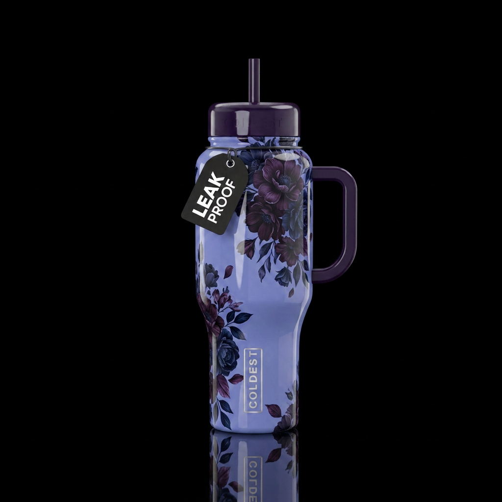 Periwinkle shiny bottle with dark flowers cascadin... water bottle design