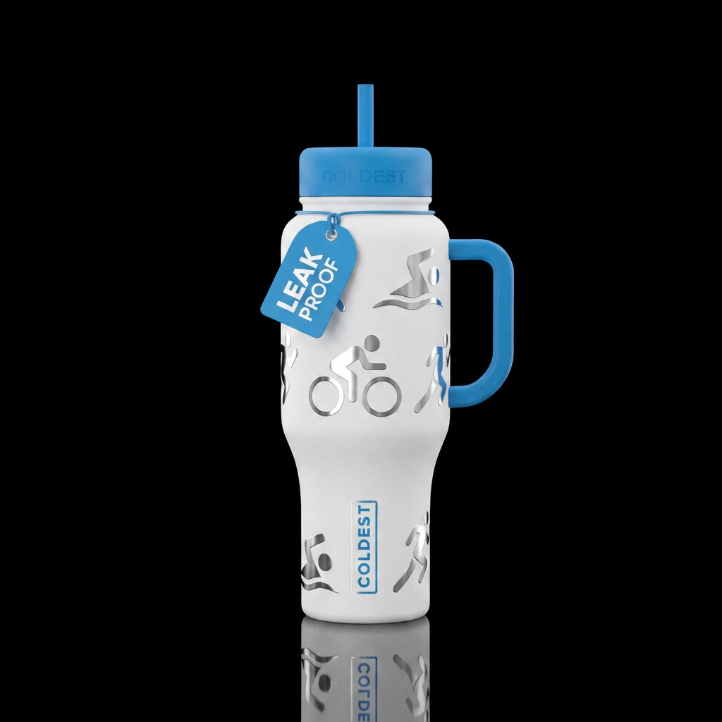 White bottle with silhouettes of trialothon symbol... water bottle design
