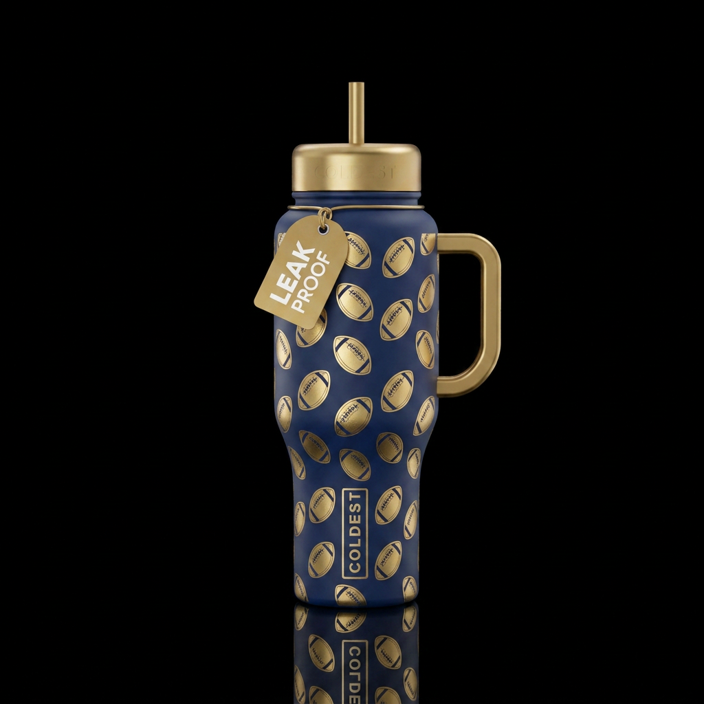 Midnight blue bottle with gold footballs in differ... water bottle design