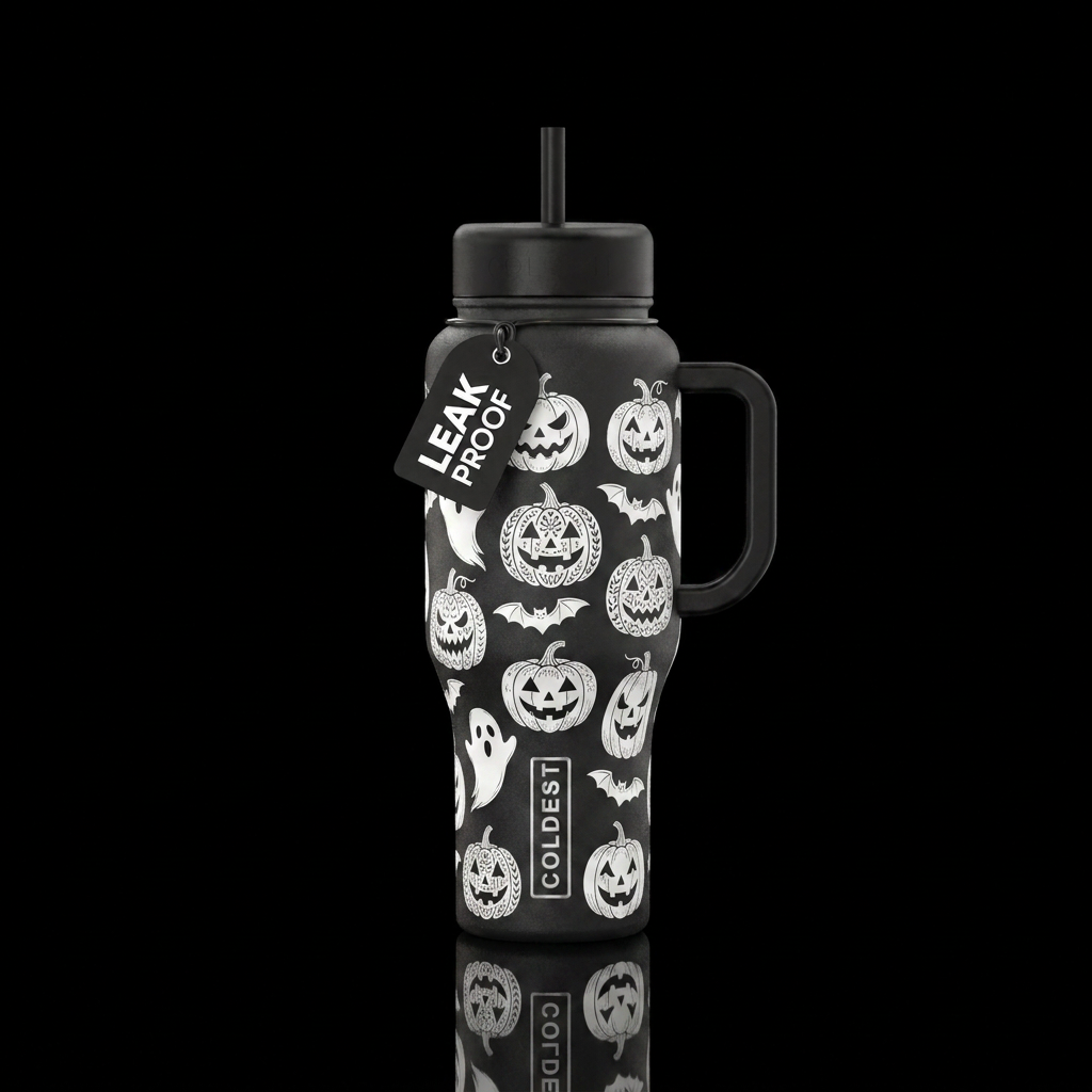 Black glossy bottle with white jack on lanterns ea... water bottle design