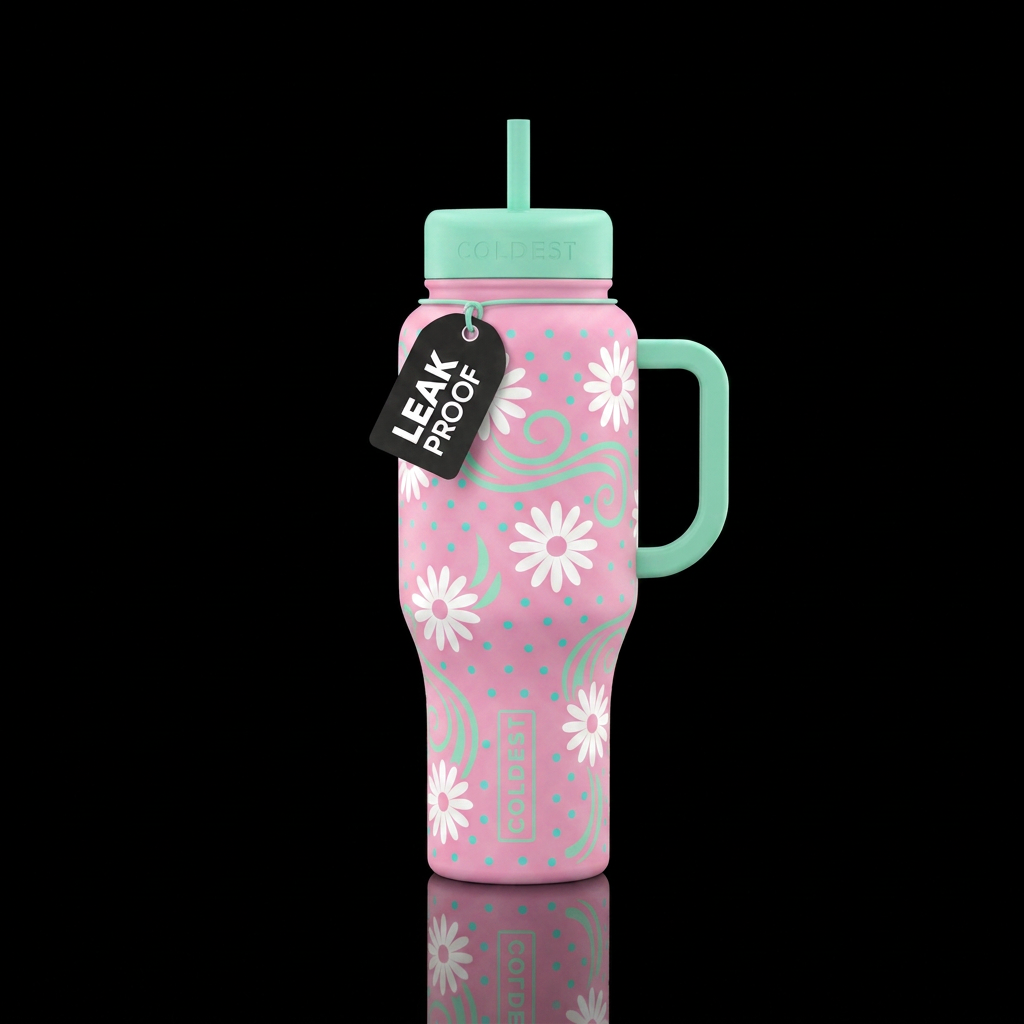 Bubblegum pink bottle with turquoise small dots. O... water bottle design
