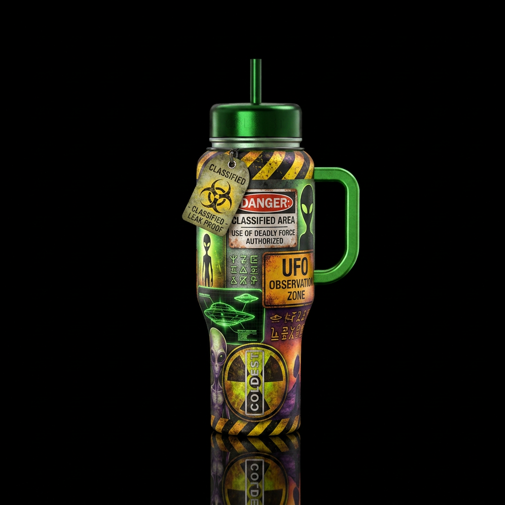 Create a design inspired by area 51 original dange... water bottle design