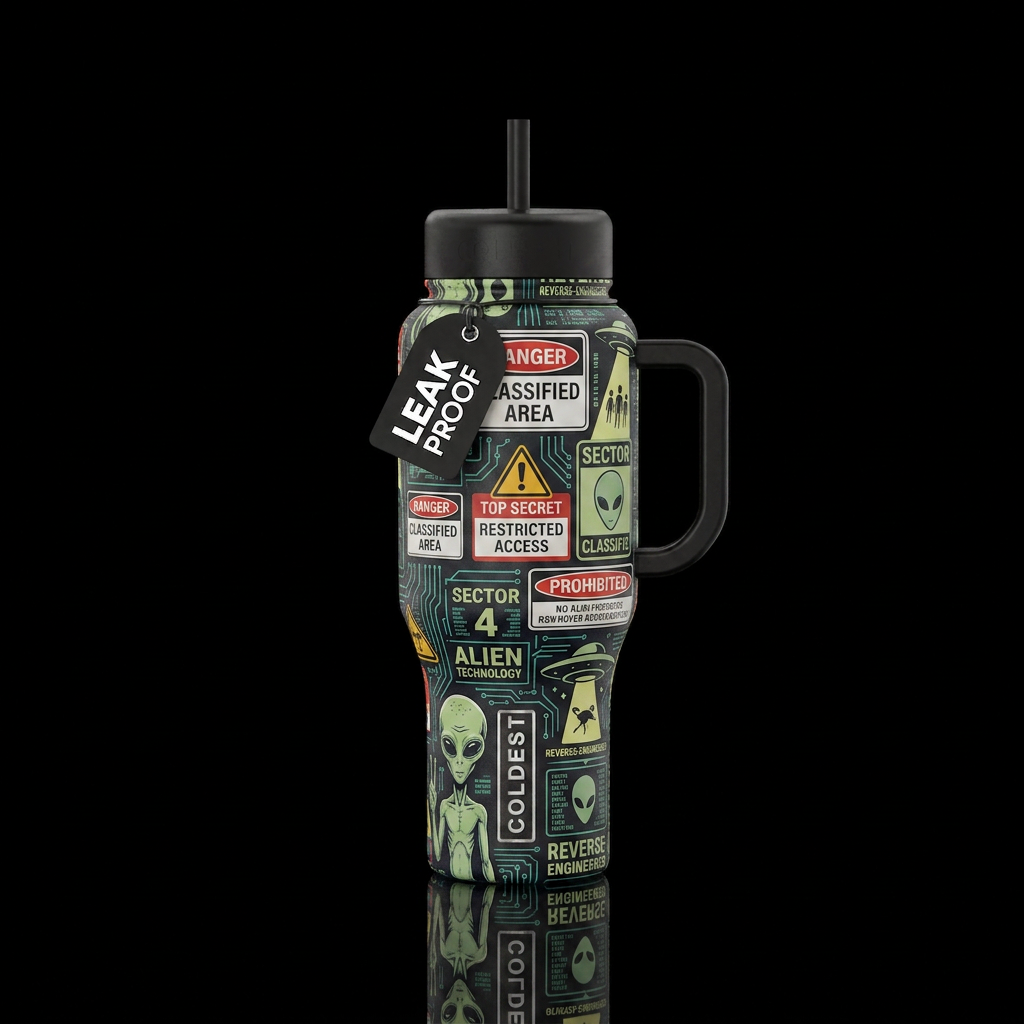 Create a design inspired by area 51 original dange... water bottle design