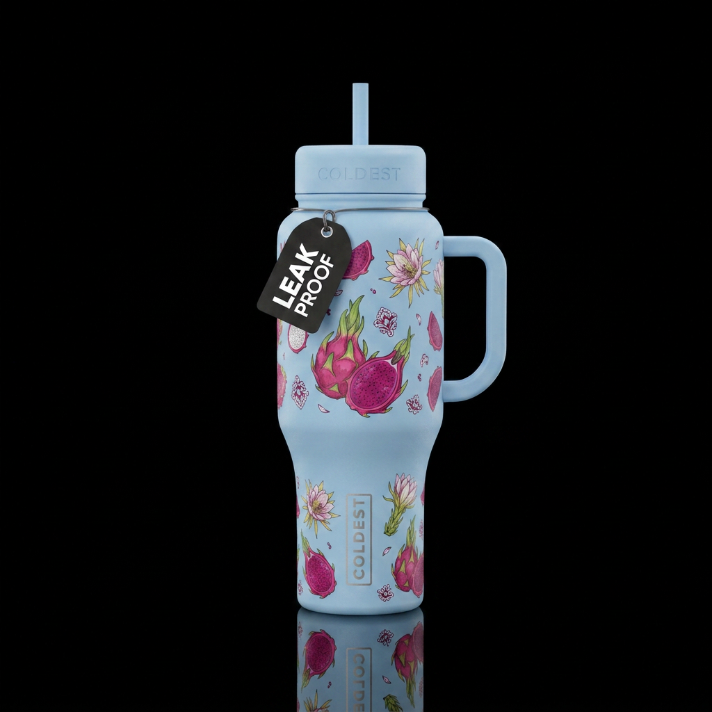 Light blue bottle with dragon fruit and dragon fru... water bottle design