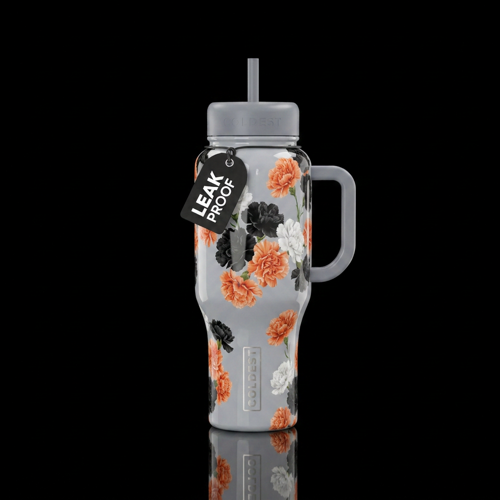 Light Grey glossy bottle with orange black and whi... water bottle design