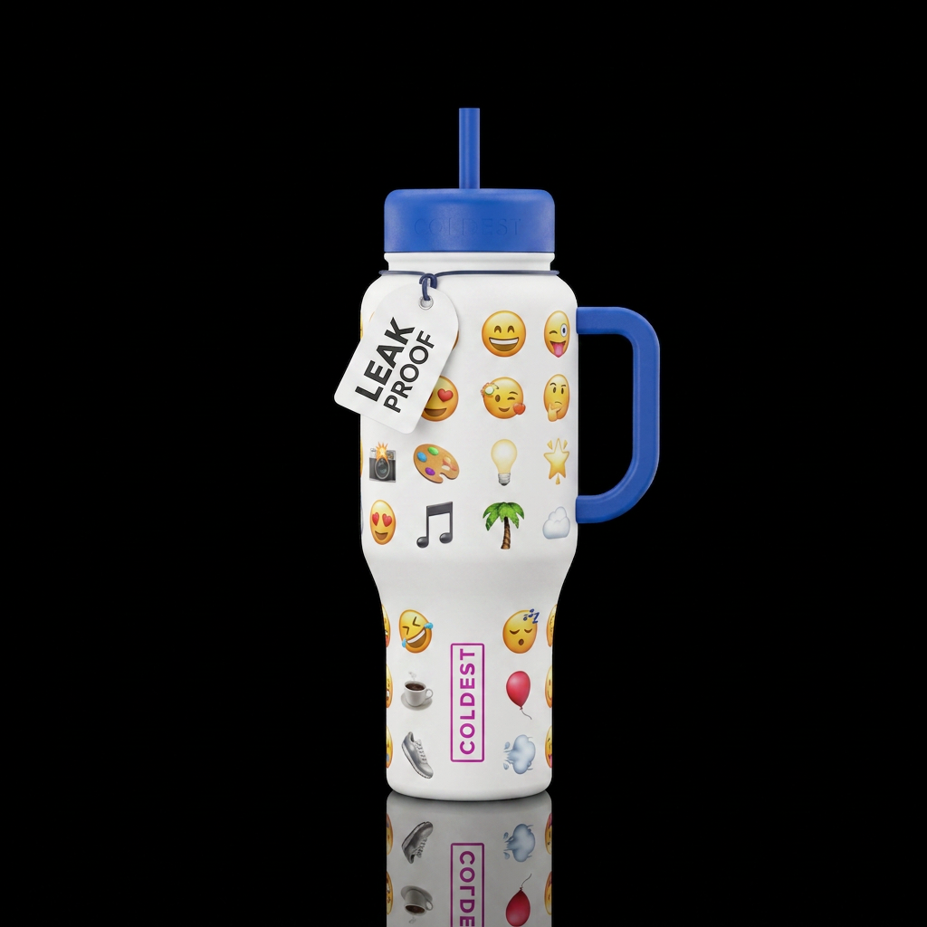 Bright white bottle with common emoji on it water bottle design