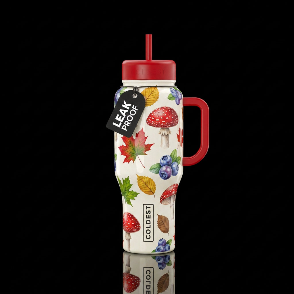 Off white shiny bottle with red handle and lids. R... water bottle design