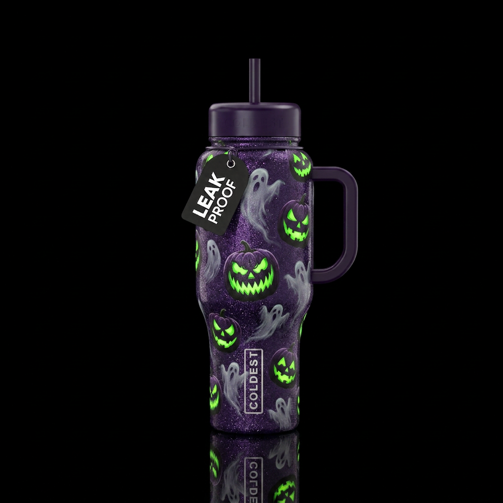 Dark purple glitter bottle . Scary pumpkins with g... water bottle design