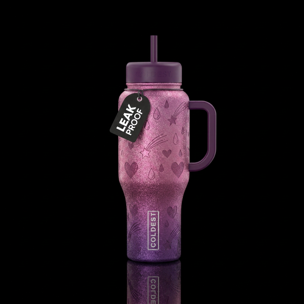 Pink and purple vibes glitter bottle with hearts s... water bottle design
