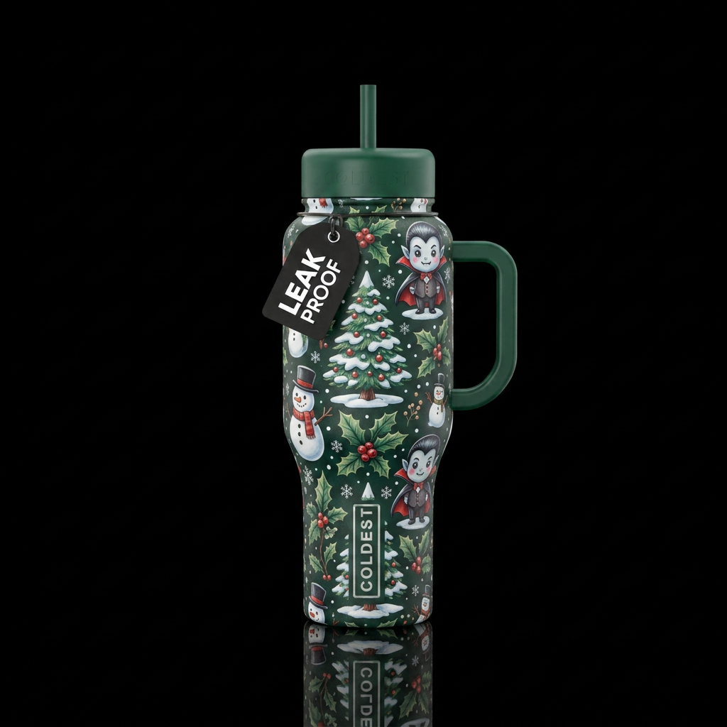 Fall winter vibes bottle. Christmas trees baby vam... water bottle design