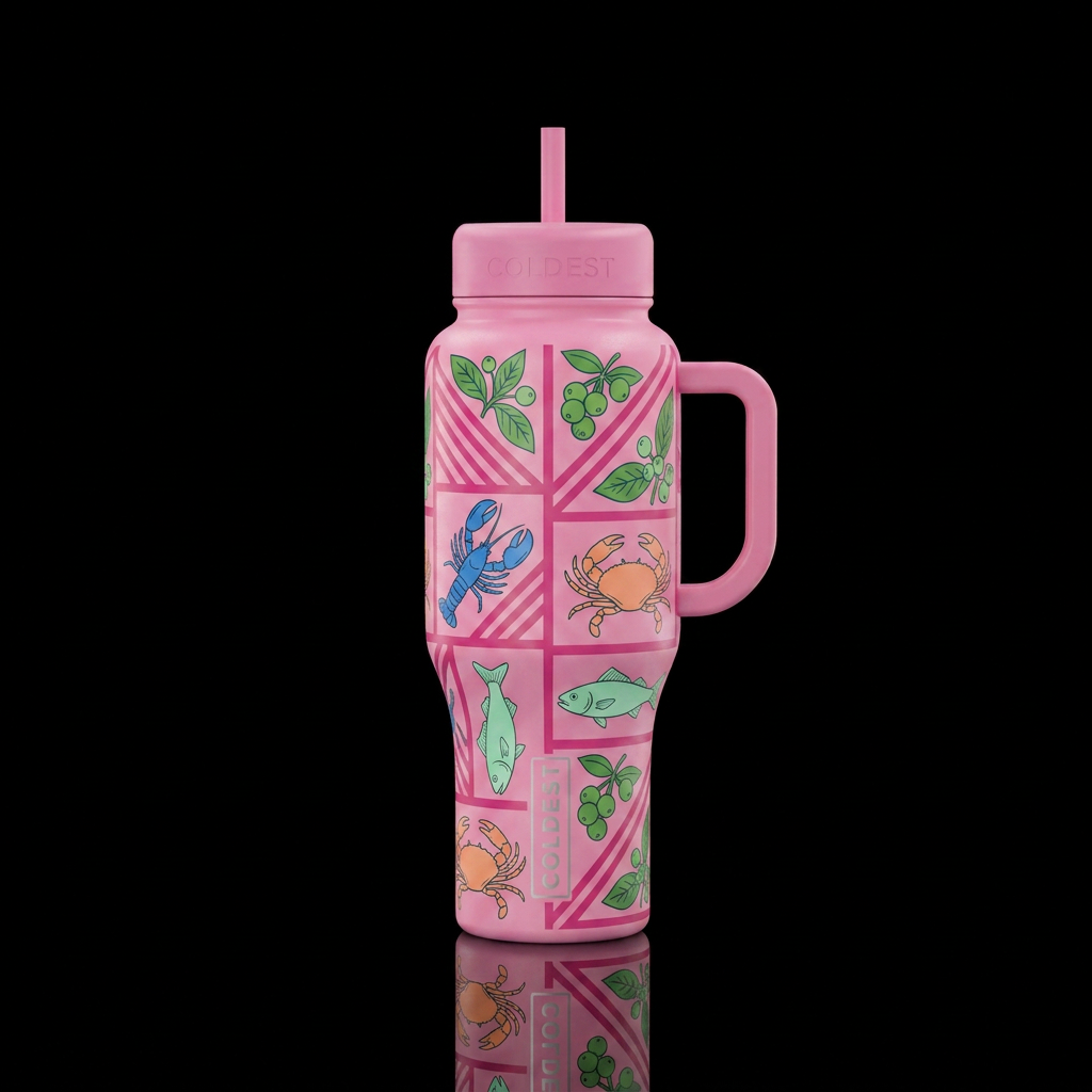 Bubblegum pink bottle with darker pink diagonal an... water bottle design