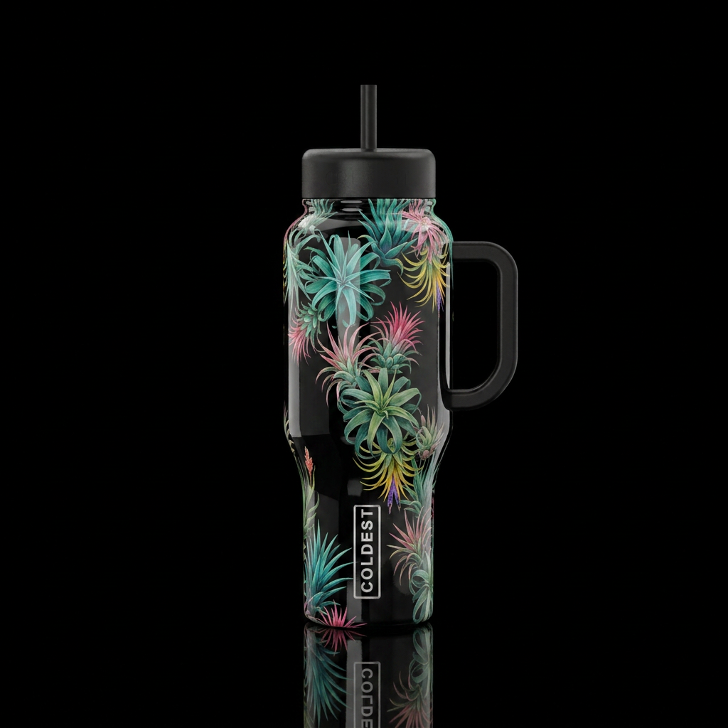 Black glossy bottle with colorful air plants flowi... water bottle design