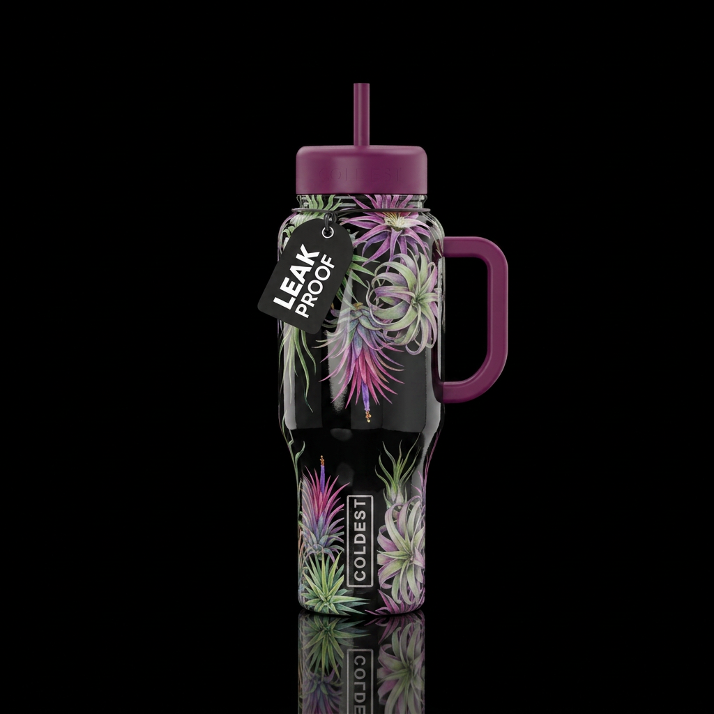 Black glossy bottle with colorful air plants flowi... water bottle design
