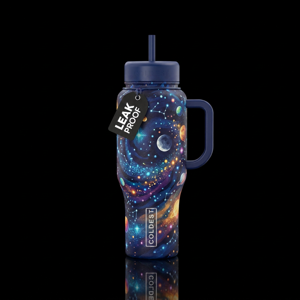 Dark blue bottle with light blue sparkles of light... water bottle design