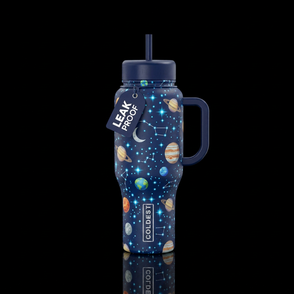 Dark blue bottle with light blue sparkles of light... water bottle design